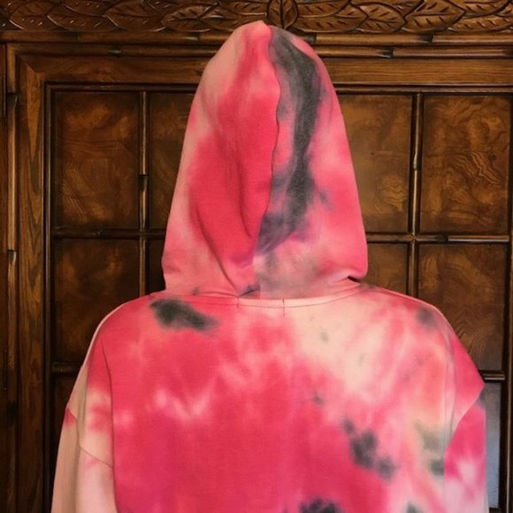 Raspberry Fleece Lined Cotton Blend Cropped Tie Dye Sweatshirt Hoodie - Picture 10 of 15